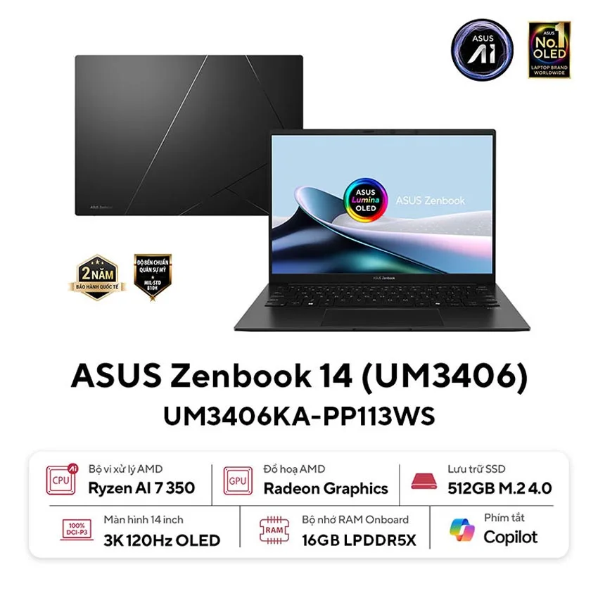 Laptop Asus ZenBook UM3406KA-PP113WS (R7 AI7 350/16GB RAM/512GB SSD/14 3K Oled 120Hz/Win11/OfficeH&amp;S/Túi/Đen)