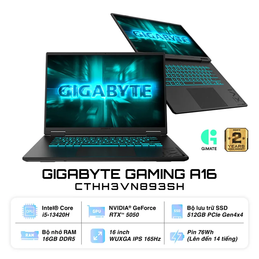 Laptop Gigabyte Gaming A16 (A16-CTHH3VN893SH) (i5 13420H/16GB RAM (1*16GB)/512GB SSD/RTX 5050 8G/WF6E/16.0 inch FHD+ 165Hz/Win 11/Đen)