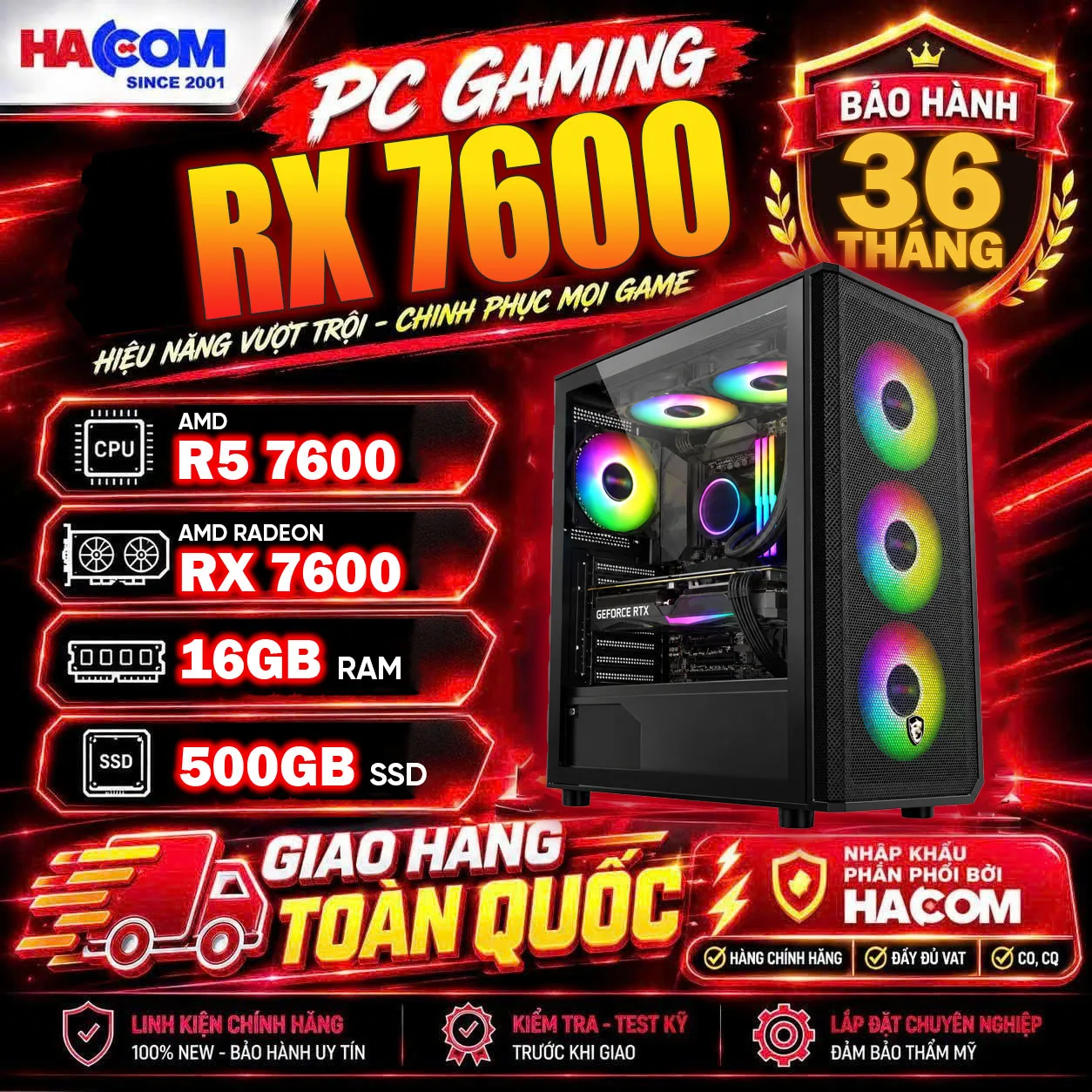 PC HACOM GOLD PRO 019 ( Ryzen 7600 / VGA RX 7600) POWERED BY ASUS